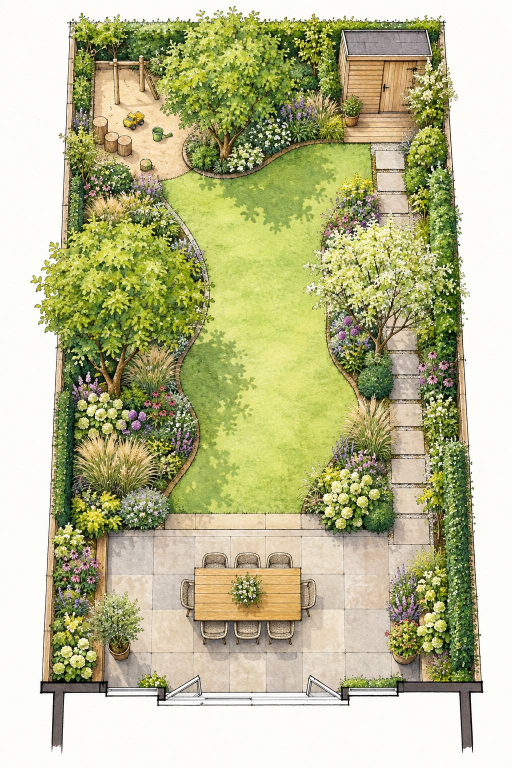 Handgetekend voorbeeldontwerp van een gezinstuin met bomen, borders, gazon en een terras met tuinmeubilair.