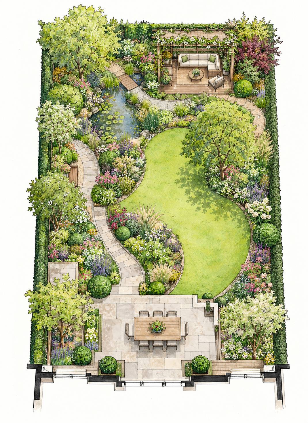 Handgetekend voorbeeldontwerp van een groene tuin met een golvend gazon, rijke beplanting, vijver en loungeplek.