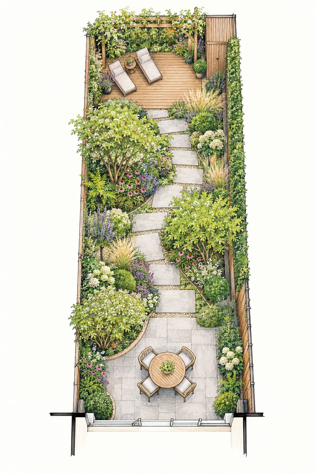 Handgetekend voorbeeldontwerp van een compacte stadstuin met een pad, groene borders, zitplekken en een pergola.